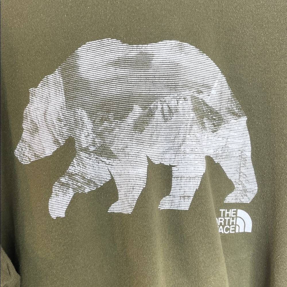 The North Face Olive Green Crewneck Hoodie with Bear Graphic